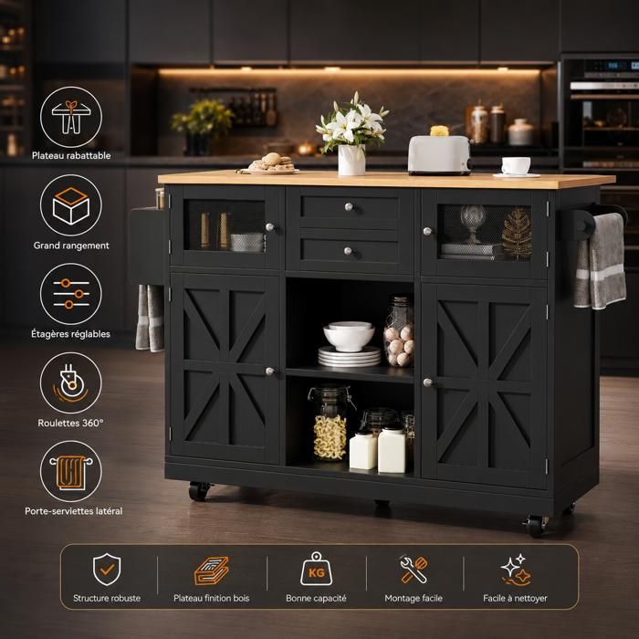 Ilot central cuisine avec plan de travail buffet avec veinage de bois porte-serviettes latéral avec roulettes noir