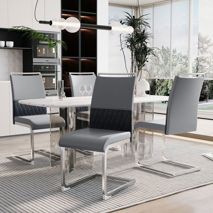 Chaise de Salle à Manger lot de 4 chaise design dossier à bandes dossier en similicuir PU et lin dossier haut rembourré gris