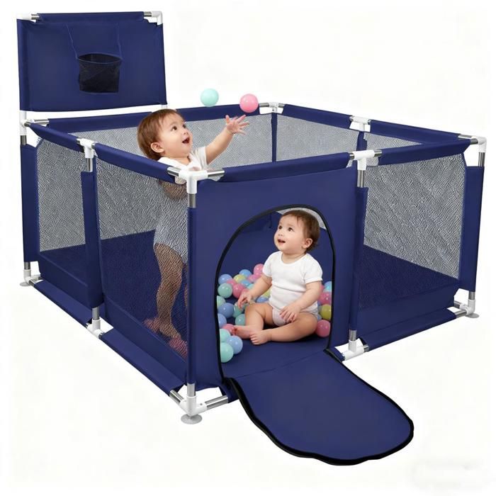 Parc Bébé avec 50 boules VIVOLILV Pour enfants126x126x66 cm Bleu Aire De Jeu Pliable Basket avec Basketball Rack