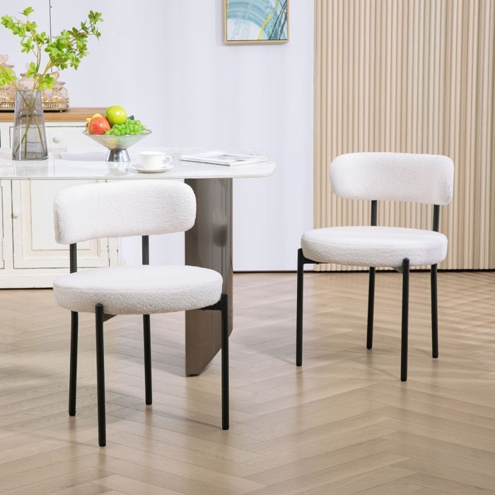 Lot de 2 chaises salle à manger Revêtement polaire Assise rembourrée Pieds en métal Blanc crème