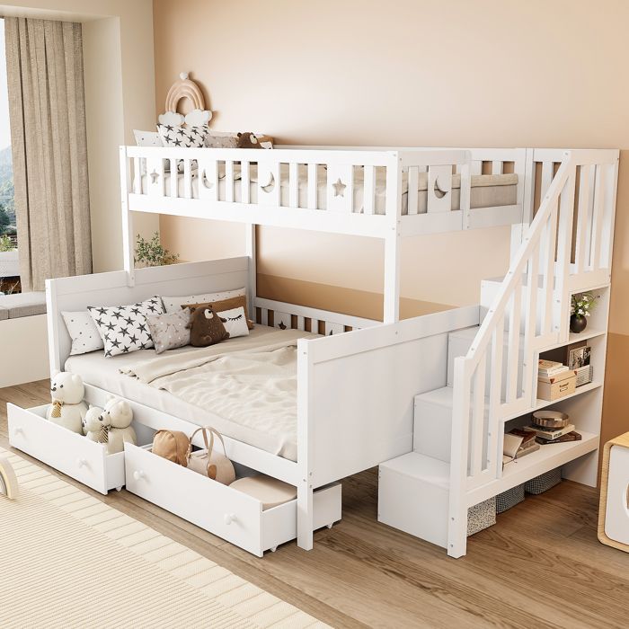 Lit superposé 90x200 et 140x200cm en bois avec 2 tiroirs étagère avec échelle de sécurité lit enfants avec sommier à lattes blanc Lit superposé 90x200 et 140x200cm en bois avec 2 tiroirs étagère avec échelle de sécurité lit enfants avec sommier à lattes blanc