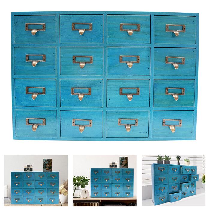 Armoire dapothécaire à 16 Tiroirs - Organisateur de Tiroir de Bureau - Armoire de Stockage à 16 Tiroirs - Tiroirs en Bois - Bleu