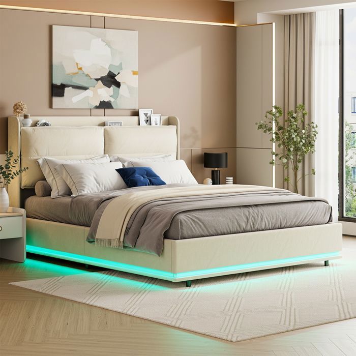 Lit coffre - itcoffre 140x190 - velours blanc cassé - sommier à lattes bois - LED RVB & ports USB