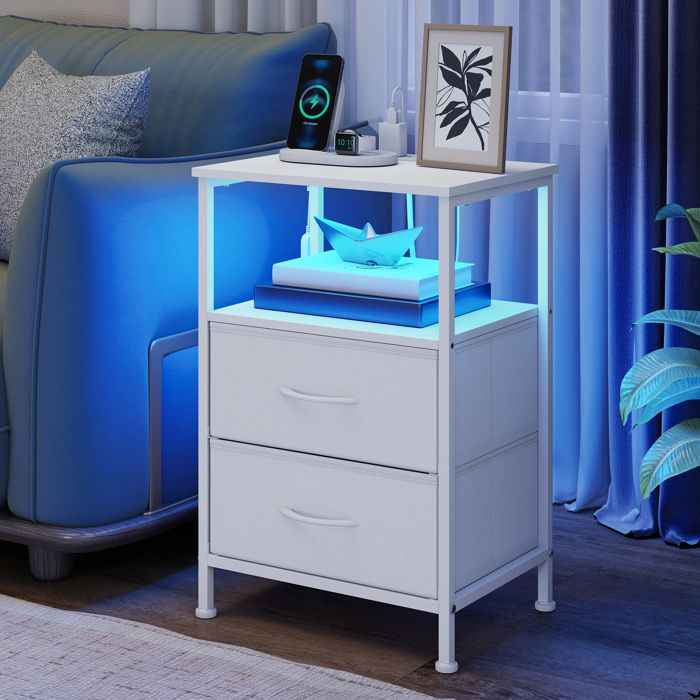 Table de Chevet avec Éclairage LED et Multiprise 2 Tiroirs et 1 Compartiment Ouvert Blanc Table de Chevet avec Éclairage LED et Multiprise 2 Tiroirs et 1 Compartiment Ouvert Blanc