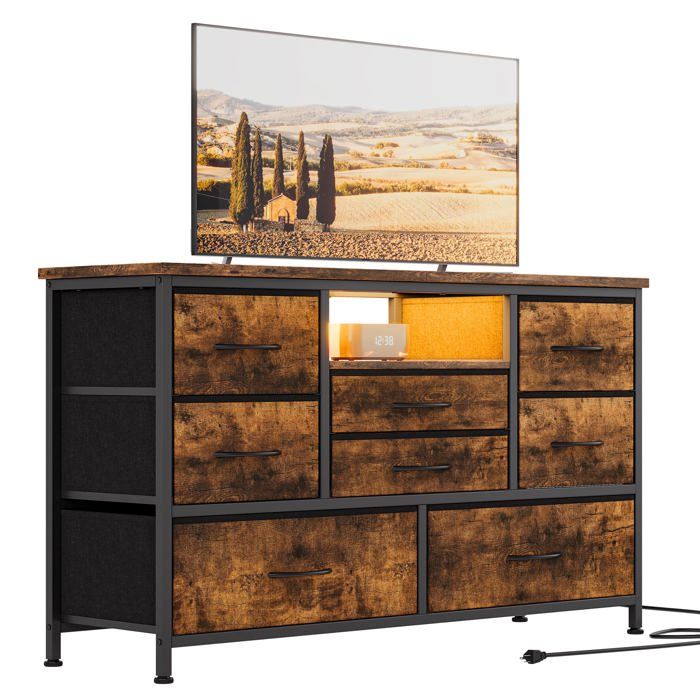 Meuble TV structure en métal 121cm - 8 tiroirs en tissu - avec 3 prises électriques et 2 ports USB - marron vintage