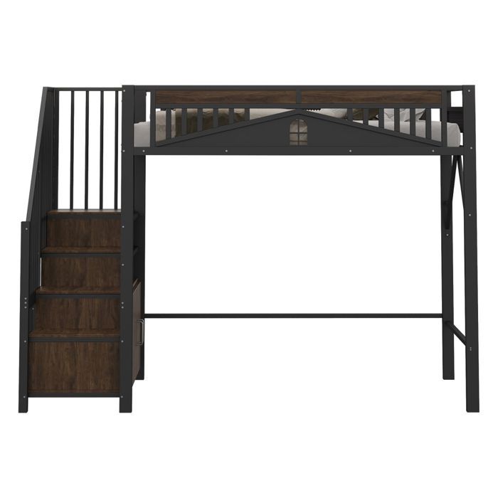 Lit Mezzanine Métal Noir Ancien 90x200- Enceinte Sécurité Fenêtrée- Échelle Casier- Sans Matelas- Gain de Place