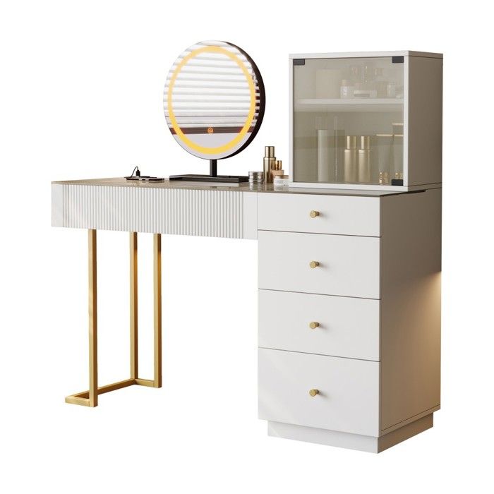 Ensemble Coiffeuse 120x40x120cm Miroir Éclairé LED Plateau Verre Trempé 5 Tiroirs 1 Placard Blanc Sans Tabouret Ensemble Coiffeuse 120x40x120cm Miroir Éclairé LED Plateau Verre Trempé 5 Tiroirs 1 Placard Blanc Sans Tabouret