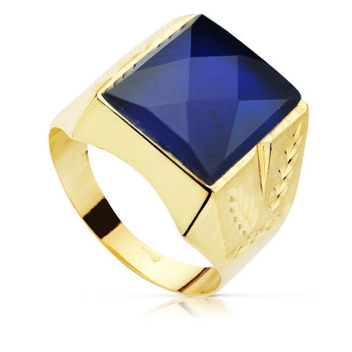 Chevaliere pour homme en or 18 carats avec une pierre spinelle bleue sculptée de 14 x 12 mm