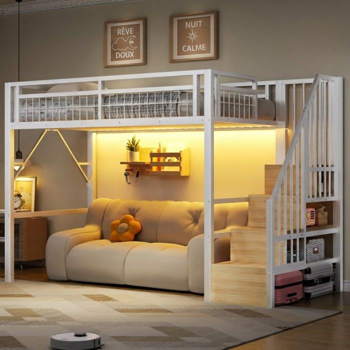 Lit mezzanine 90x200 - VVBV - Escalier avec rangement - LED intégrée - Métal & MDF - Blanc