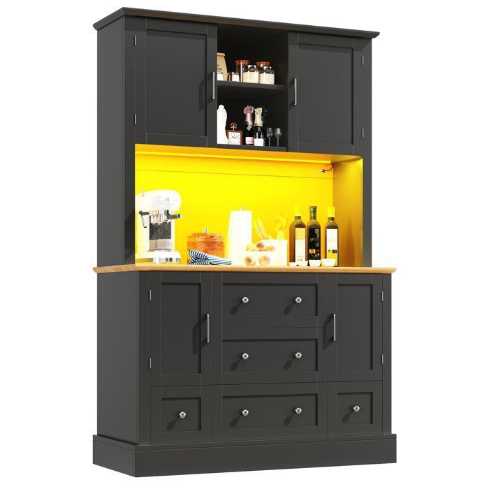 Buffet Haut - Armoire de Cuisine Noir - avec LED 4 Portes 5 Tiroirs Éclairage LED et Rangement 115 x 40 x 180 cm