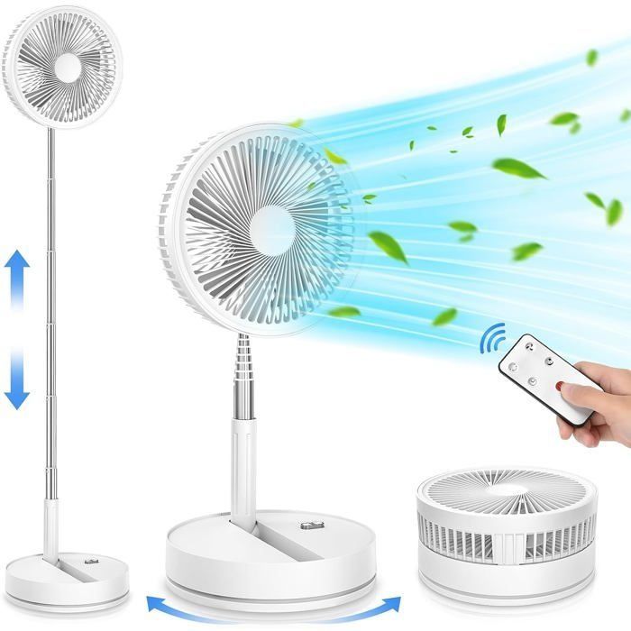 Ventilateur sur Pied Portable Silencieux 9 Blanc Ventilateurs avec Télécommande 7200mAh USB Rechargeable Pliable Fans