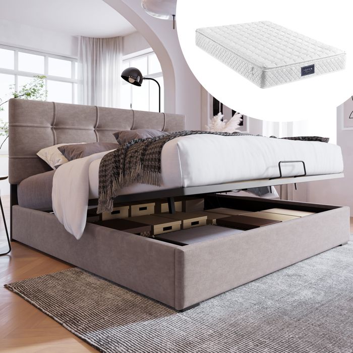 Lit double tapissier - KOMHTOM - 140x200 - Matelas 620 ressorts - Coffre hydraulique - Velours gris clair