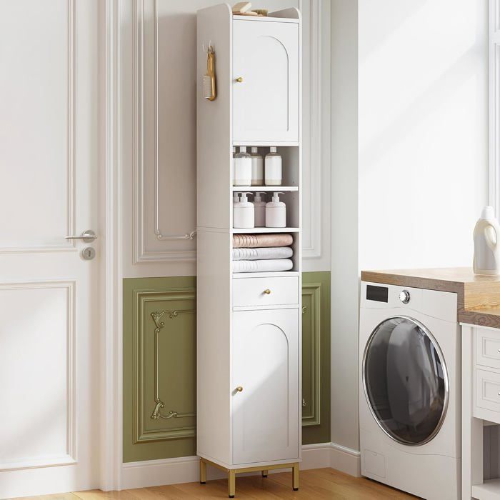 Meuble Colonne de Salle de Bain Meuble de Rangement Armoire Etroit avec Etagères Réglables1 Tiroir et 2 Portespour SalonBlanc