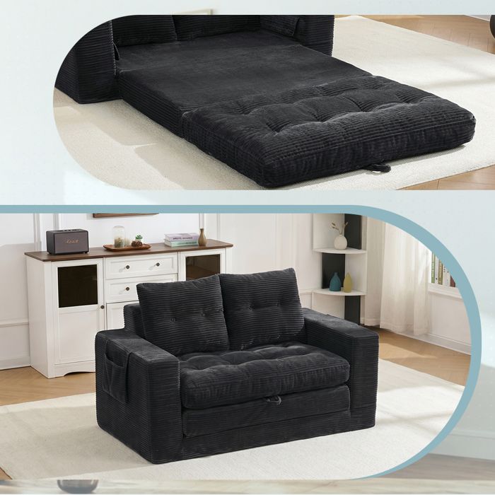 Canapé 2 places – Style moderne – accoudoir et poche latérale Petit canapé – convertible – Noir –140 × 85 × 67 cm