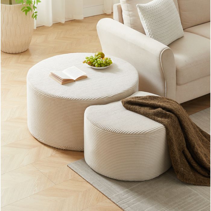 WOVREO Lot de 2 tables basses rondes rembourrées en tissu beige ottoman sans montage
