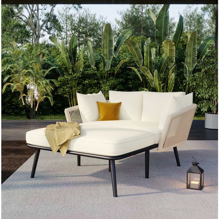 DESVIAE chaise longue de jardin 2 personnes acier galvanisé corde tressée coussins lavables beige