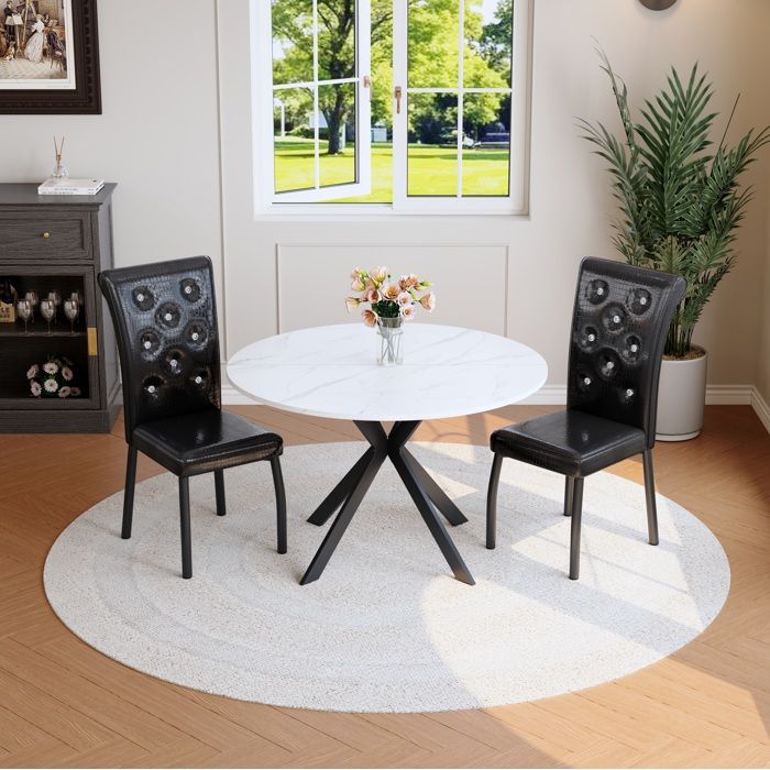 Set de Salle a Manger Table Ronde Aspect Marbre Blanc avec 2 Chaises Noires - TCQPZ - Similicuir et Metal
