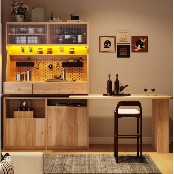 Buffet Haut avec Bureau Intégré et Table Bar Portes Vitrées et LED Connectée - TCQPZ - MDF et Verre - Naturel