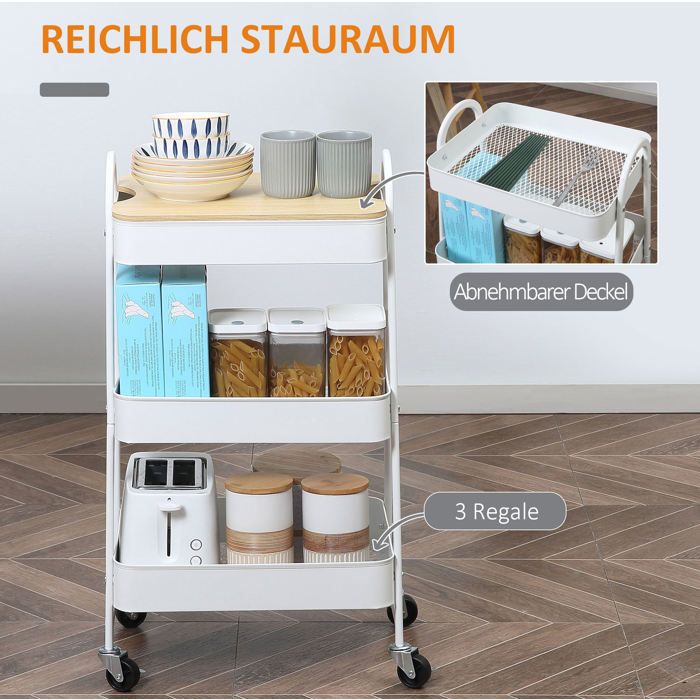 Desserte De Cuisine 3 Niveaux Blanc Chariot De Rangement FloraGrace Pour Cuisine Et Bureau Avec Couvercle 45x31x79 4cm