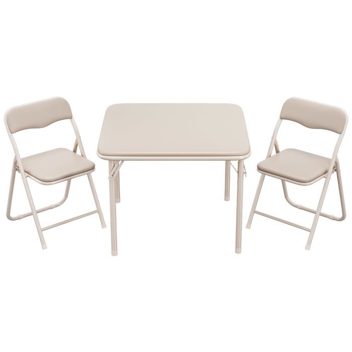 Table et 2 chaises pliantes enfant cadre métal robuste coussins PU doux pour repas lecture jeux chambre crèche beige