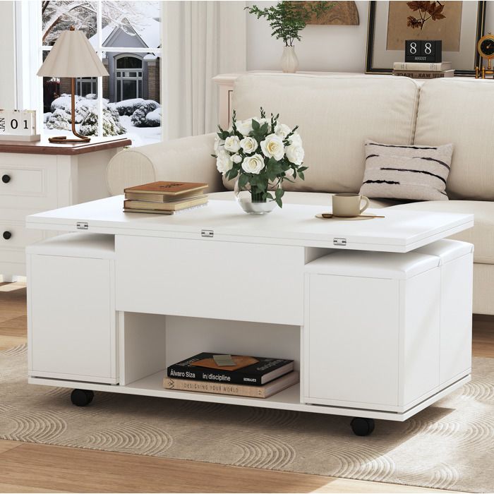 Table basse relevable AESVAR avec rangement et 4 tabourets roulettes plateau rabattable 100 x 50 x 48 cm blanc