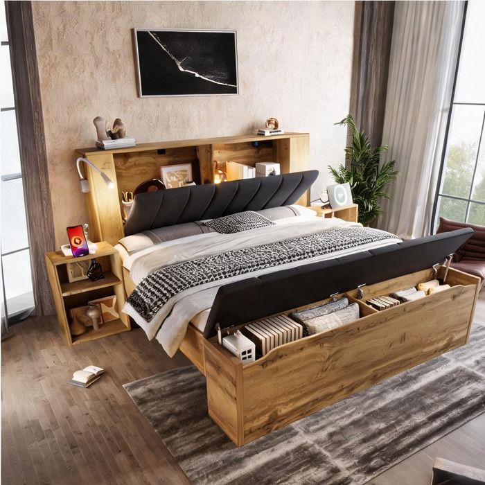 Lit double 160x200 cm avec sommier à lattes tête de lit relevable et rangement – Structure bois et fer