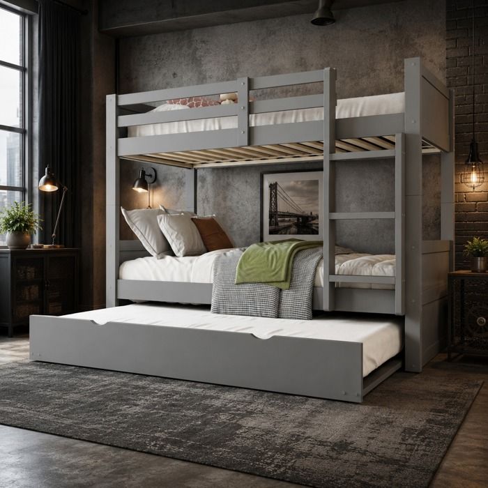Lit superposé enfant/adolescent 90x200 cm en pin massif gris – Lit Gigogne - sommier inclus capacité 120 kg
