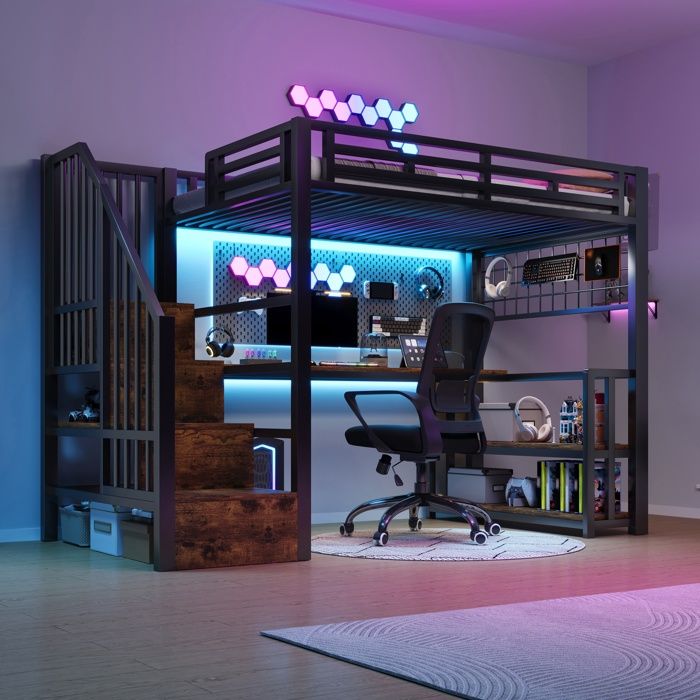 Lit mezzanine 90x200 cm en métal coloris noir sans matelas bureau intégré ports USB échelle daccès espaces de rangement