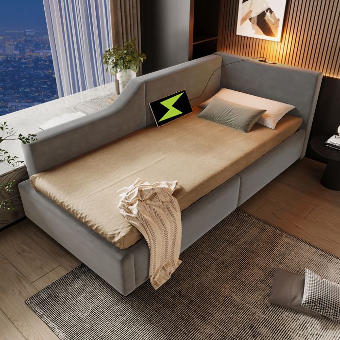 Lit banquette 90x190 en velours gris canapé lit avec coffre de rangement hydraulique lampe de lecture et port USB-C