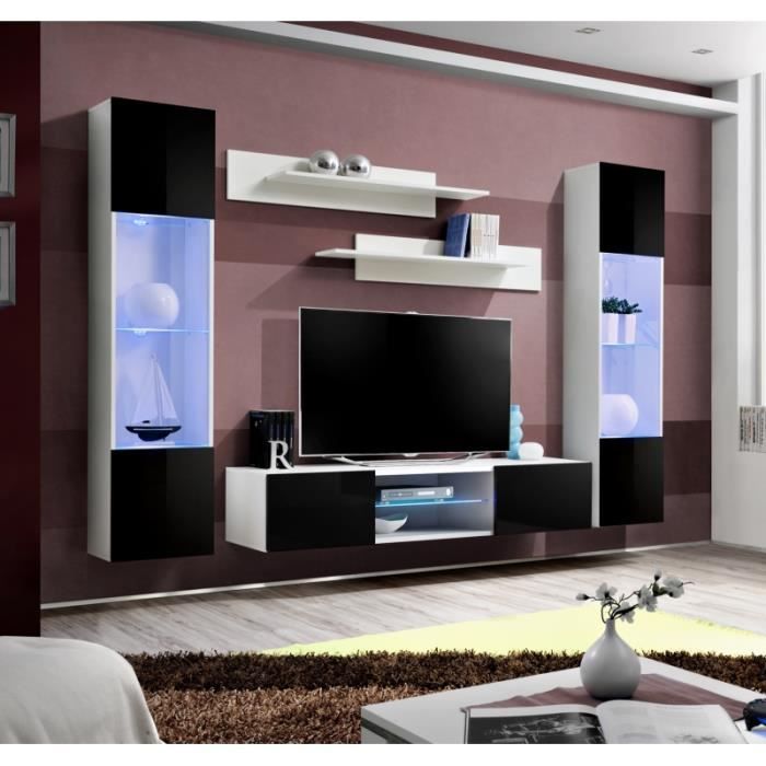 ensemble meuble tv mural - ac-déco - fly o3 - blanc - verre - 2 porte(s) - 260 x 40 x 190 cm