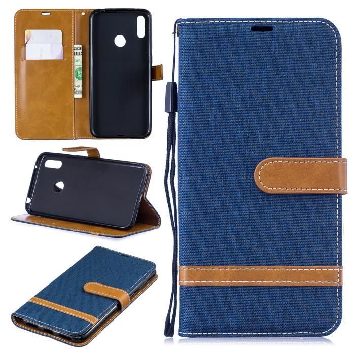Coque Huawei Y6 2019 Denim Pochette Protection Etui Antichoc Housse Huawei Y6 2019 6.09 Bleu fonce