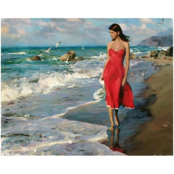 Loisirs Creatifs Arts Peinture Au Numero Femme En Robe Rouge Par La Mer Cadre De Bricolage Achat Vente Peinture Au Numero Peinture Au Numero Cdiscount