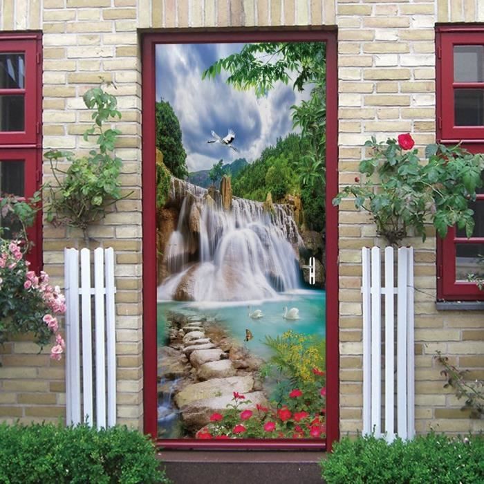 Stickers Porte 3D Auto-Adhésifs Amovibles – Décoration Murale Chambre Salon – Motif Paysage Exotique 90x200 Cm