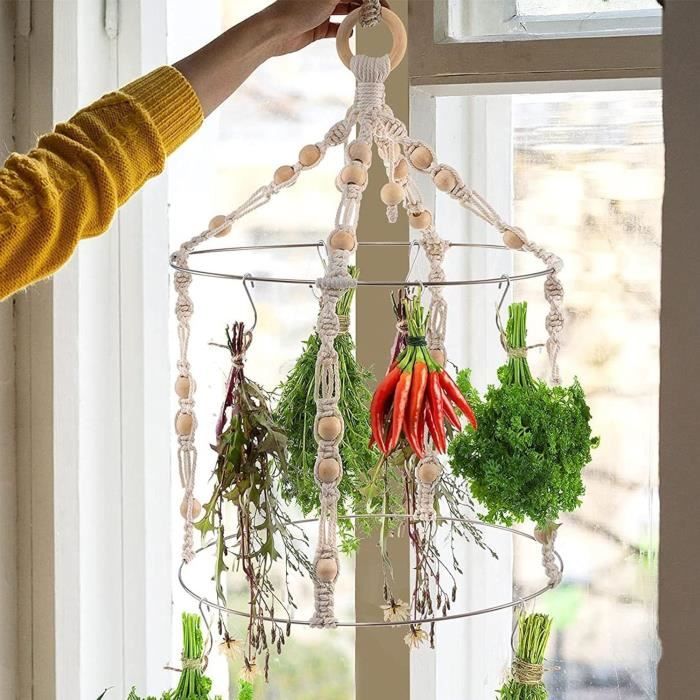 Séchoir à Herbes Suspendu Bohème - Double Support Avec 15 Crochets - Macramé