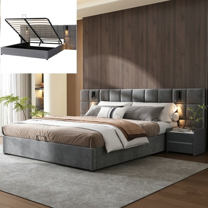 Lit double - LANGTU - Lit coffre hydraulique 180x200 cm - Velours gris - Lampe lecture + USB - Structure acier