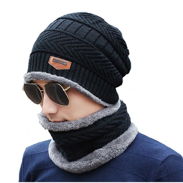 Noir - Bonnet en tricot de couleur unie pour homme, nouvelle marque,  chapeau d'hiver chaud en velours Plus ép