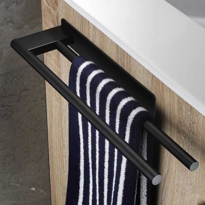 Porte-Serviette Mural Adhésif 30 Cm Noir Bambou - Sans Percage Pour Salle De Bain Et Cuisine