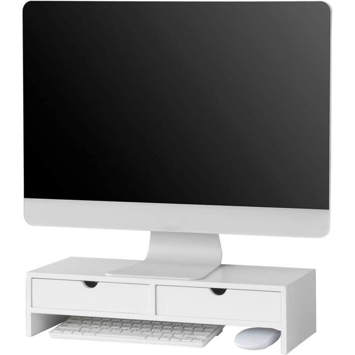 Support Moniteur Bois De Pin Massif Blanc – Rehausseur Écran 60 Cm Réglable Avec Étagères
