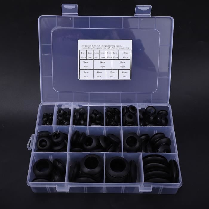 Kit 200 œillets En Caoutchouc Pour Câbles électriques - Assortiment Tailles, Noir, Protection Passage Fil