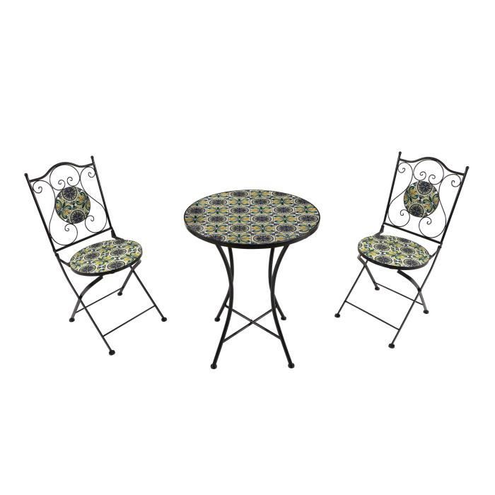 ensemble bistro extérieur mosaique bleu/jaune - axi - amélie table et chaise bistrot - style sicilien