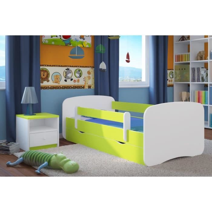 lit enfant 70 cm x 140 cm avec barriere de securite sommier tiroirs matelas offert vert citron cdiscount maison