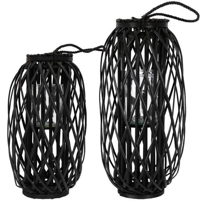 lanterne en rotin ecd germany - noir - 50x ø28 cm / 60x ø27 cm - fibre de corde aspect tressé photophor