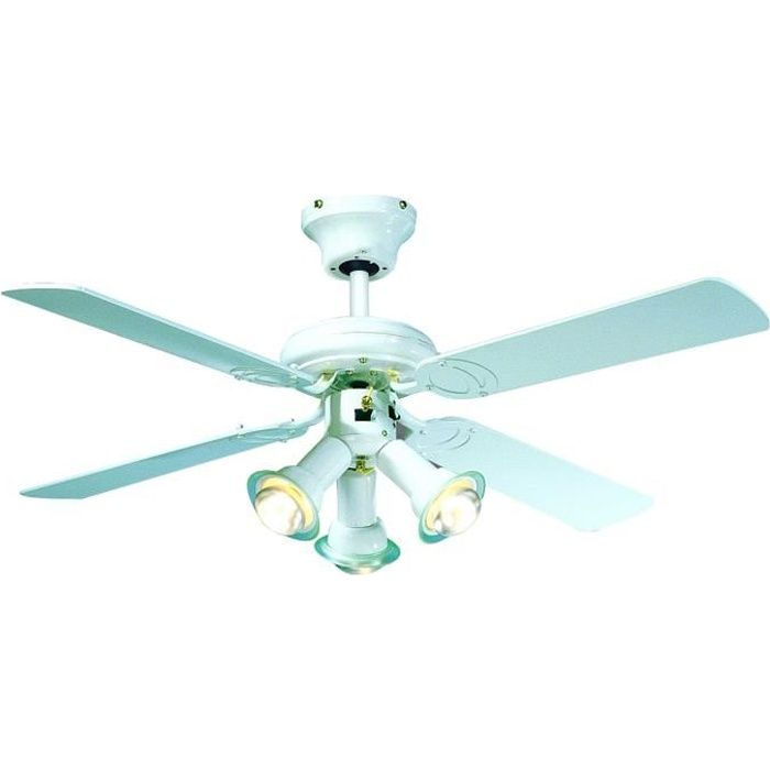 Ventilateur de plafond réversible FARELEK MALDIVES - Ø 107 cm, 4 pales laquées blanc + éclairage 3 spots 60 W E14