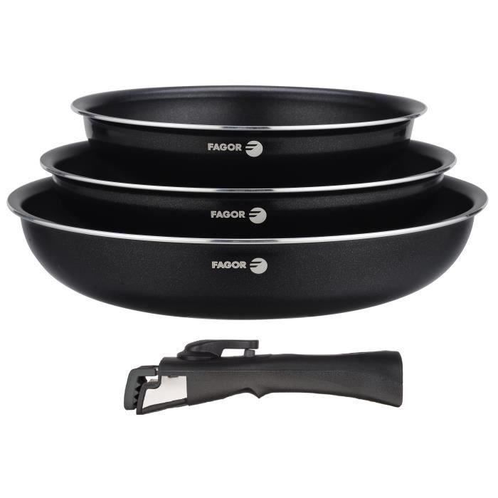 fagor amovible set de 3 poeles 20 24 28cm tous feux dont induction four avec 1 poignee cdiscount maison