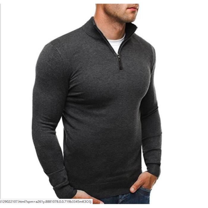 Pull hiver homme gris Col zippe Chandail gilet automne manches longues Pull uni garcon pas cher pull casuel