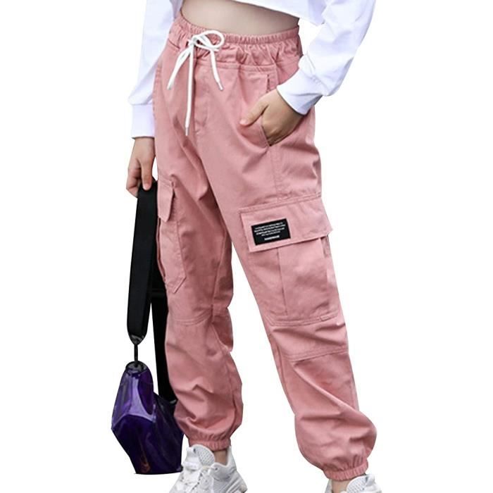 Enfant Fille Pantalon Cargo Multi Poche Taille Elastique Pantalon Jogging  de Sport Danse Hiver Printemps Casual 4-14 Ans Rose