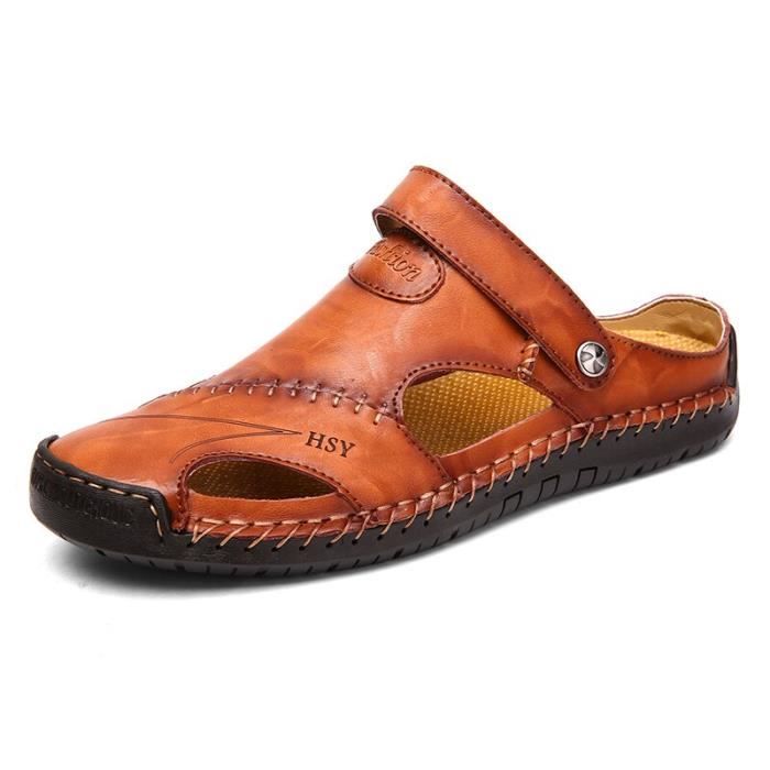 PAYMA Sandales D'Été Hommes En Cuir Marron Noir - Outdoor, Plage, Trekking Avec Semelle Rembourrée