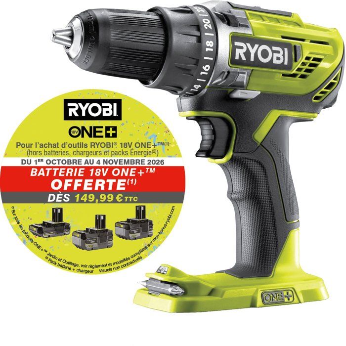 RYOBI Perceuse-visseuse 18V ONE+ - sans batterie ni chargeur - R18DD3-0