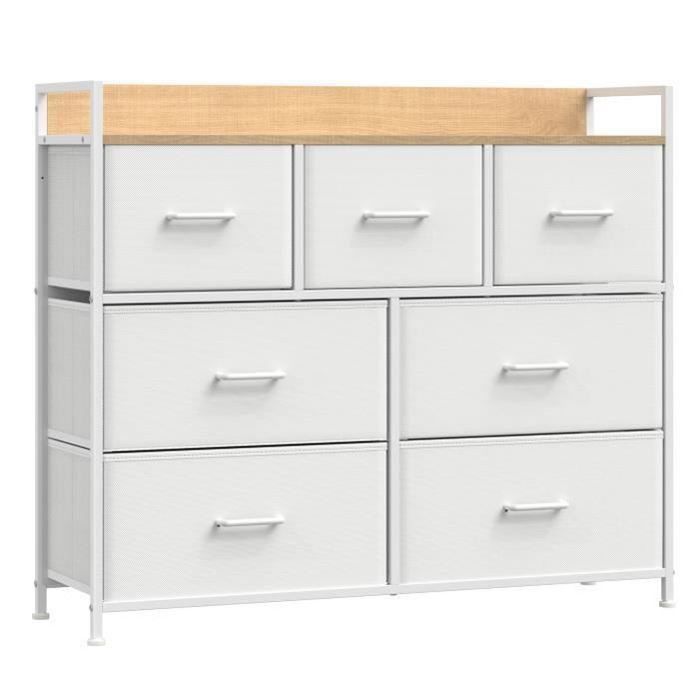 SONGMICS Commode Armoire Meuble de Rangement 7 Tiroirs en Tissu avec Poignées Cadre en Métal Blanc Nuage et Beige Chêne