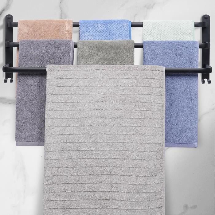 Anneau Porte-serviettes Mural Sans Perçage - Aluminium Noir - Dimensions 17x17x7,5 Cm - Crochet Intégré - Pour Salle De Bain Ou Cuisine